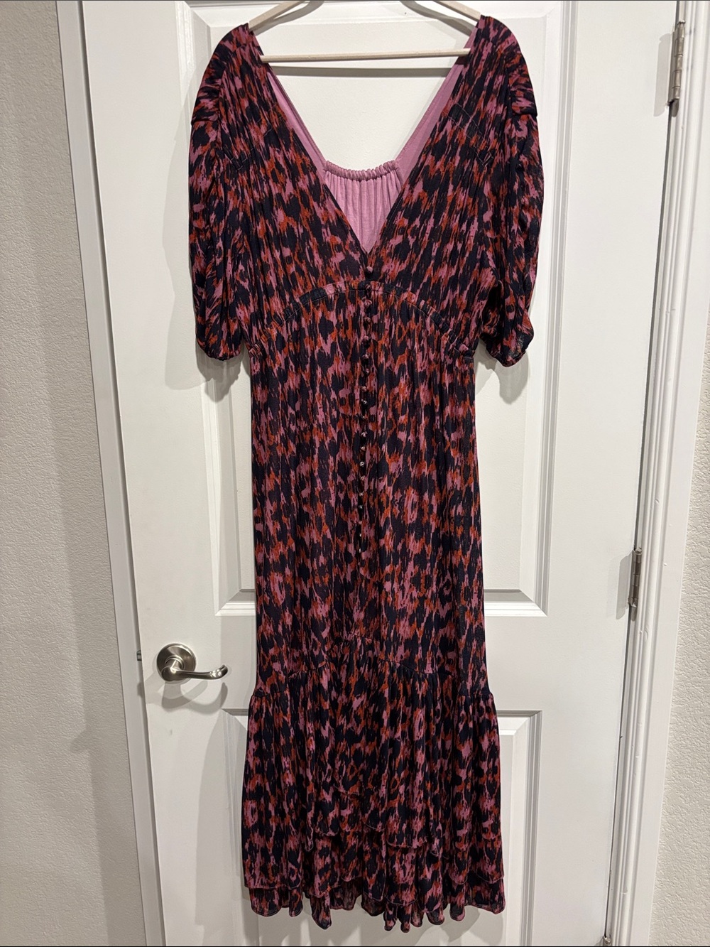 Anthroplogie Pink and Black Patterned V-Neck Midi Dress - Gently Worn